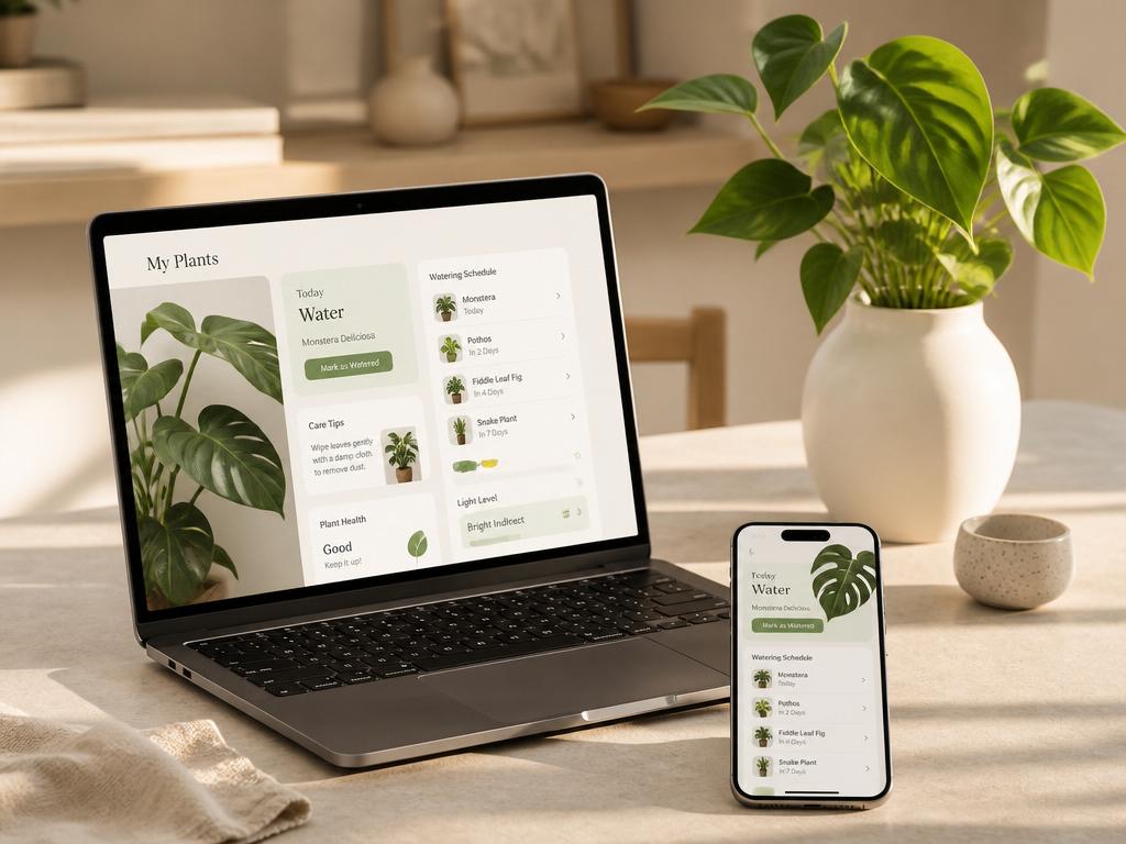 Laptop and smartphone showing the Growzly plant care dashboard next to a white vase with a green plant
